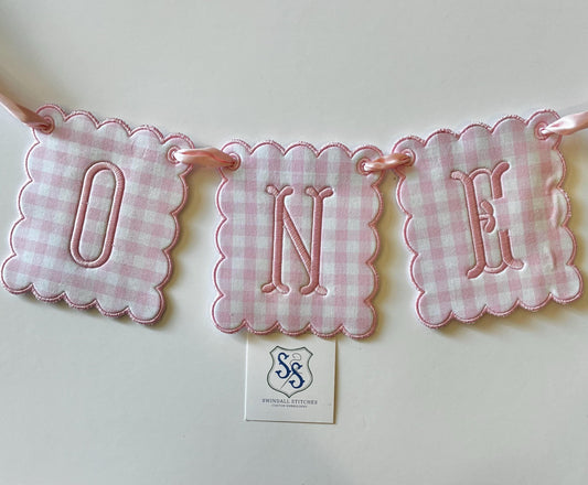 Personalized First Birthday High Chair Banner - Pink Check