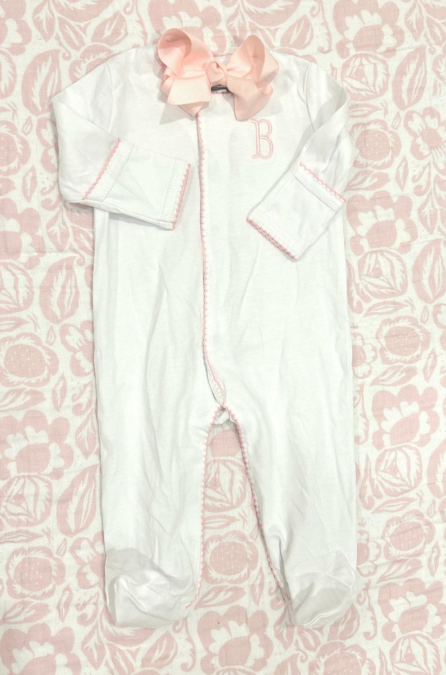 Monogrammed Picot Trim Baby Footie