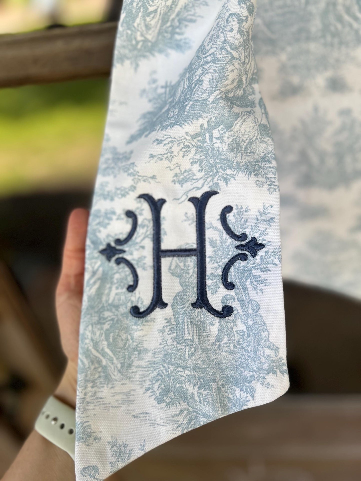 Wreath Sash Blue Toile Monogrammed Sash