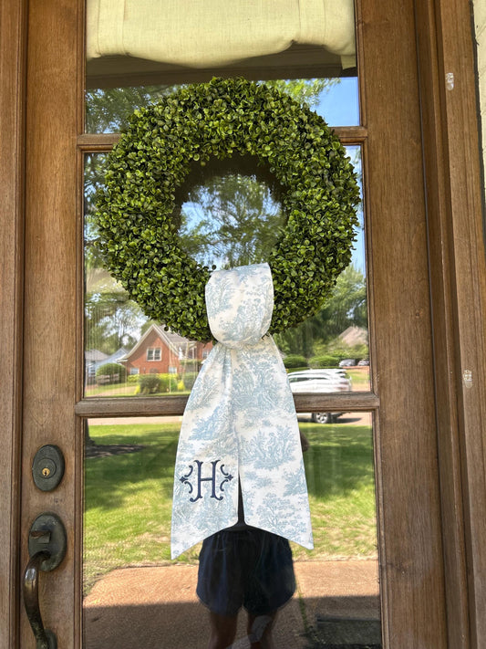 Wreath Sash Blue Toile Monogrammed Sash