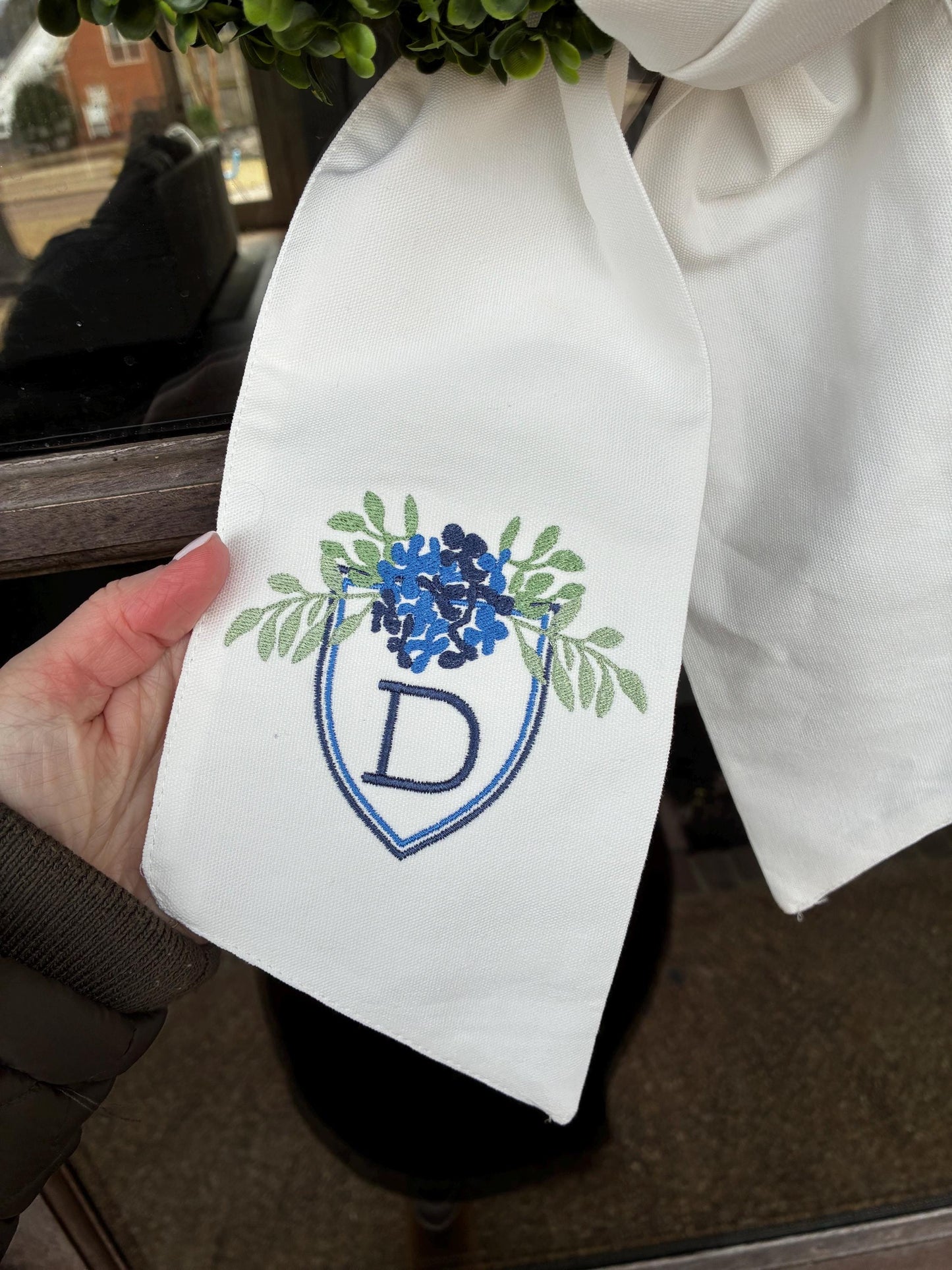Wreath Sash Embroidered Spring Hydrangea Crest